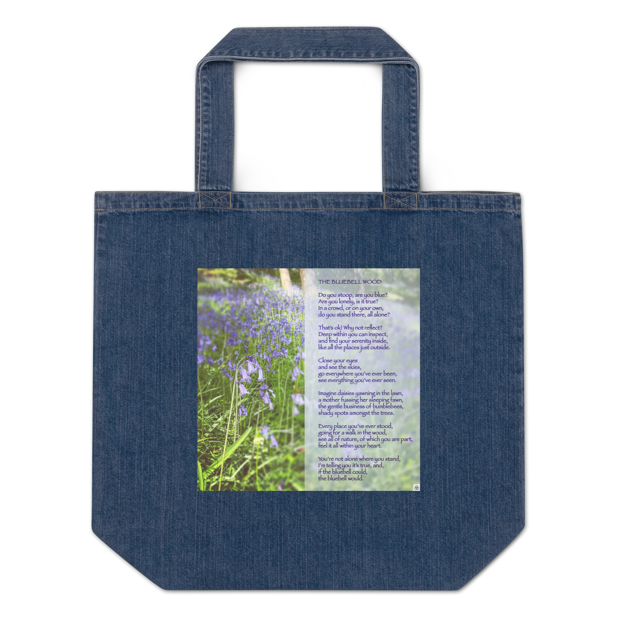 Organic denim tote bag with "Bluebell Wood" print.
